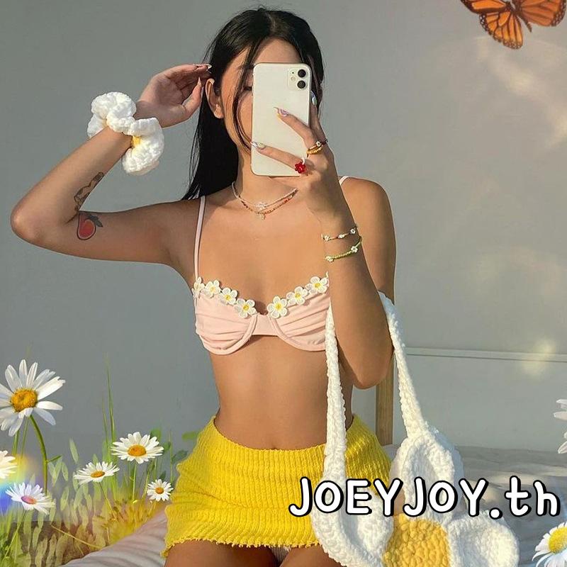 Joeyjoy-ผู้หญิงบิกินี่ชุดว่ายน้ําเสื้อดอกไม้สีชมพู Applique รูปแบบ Sweetheart Neckline ชุดชั้นในสําหรับวันหยุดชายหาด
