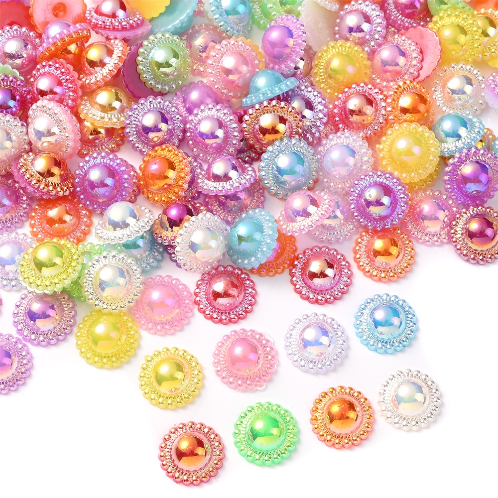 ลูกปัดไข่มุก รูปดอกทานตะวัน ทรงกลม สีสันสดใส สําหรับตกแต่งเล็บ 100 ชิ้น