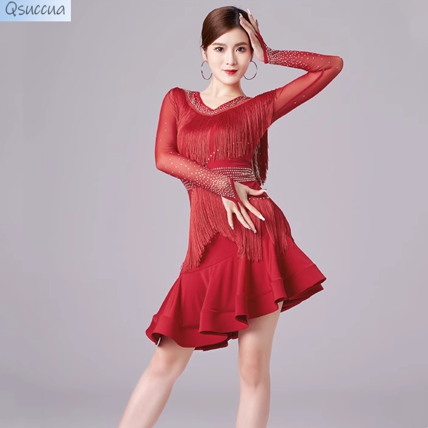 Qsuccua ชุดเดรสเต้นรําละติน ประดับเพชร แต่งพู่ แบบมืออาชีพ สําหรับผู้ใหญ่