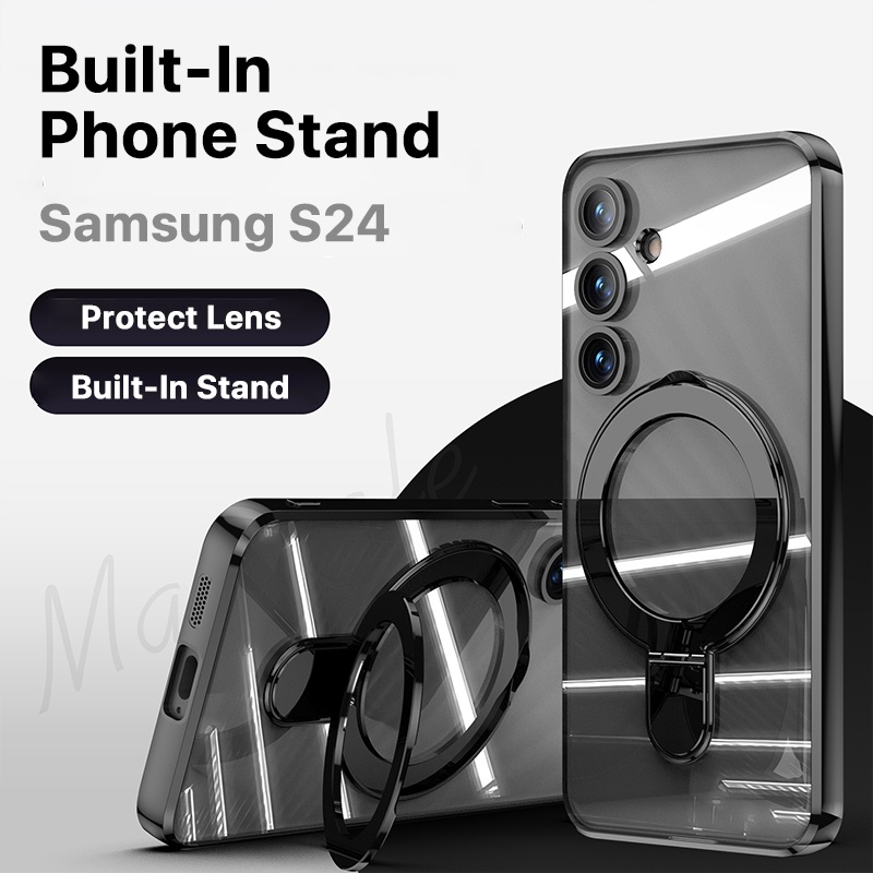 ขาตั้งในตัว เคส Samsung S24 Ultra S24 Plus แหวนกันกระแทกขนาดใหญ่ ที่วางขาตั้งปกป้องกล้องปกป้องเลนส์ 360 หมุนกล้องแวววาวเพรียวบางพร้อมเคสป้องกัน