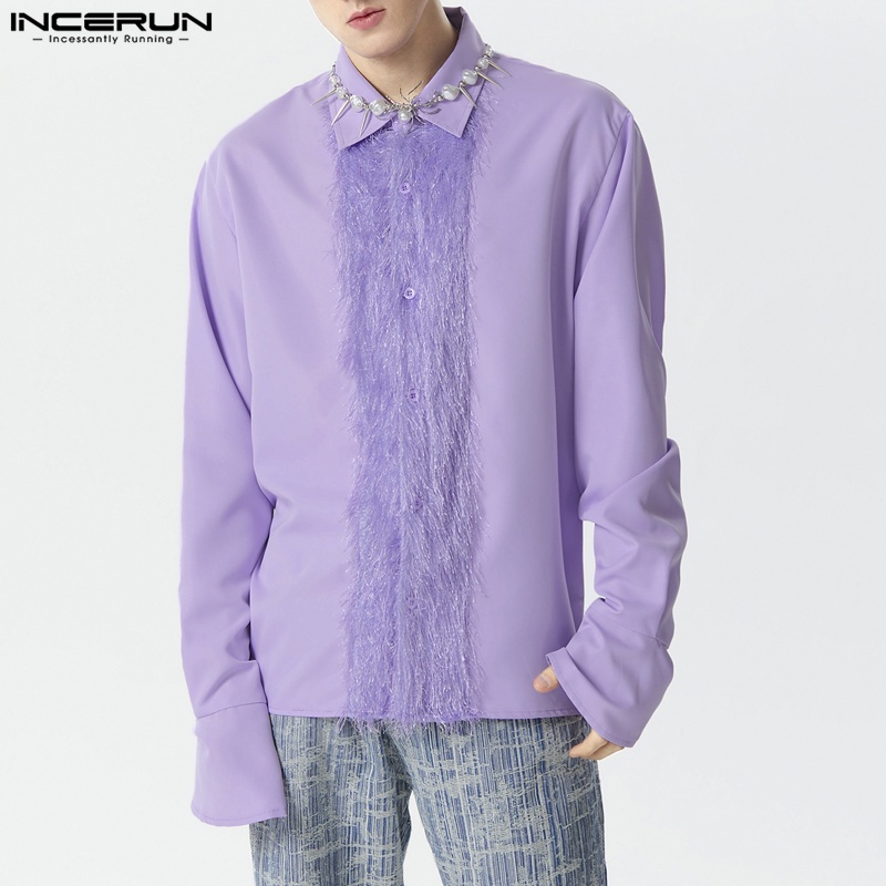 Incerun เสื้อเชิ้ตลําลอง แขนยาว เย็บปะติดปะต่อกัน สไตล์วินเทจ แฟชั่นสําหรับผู้ชาย
