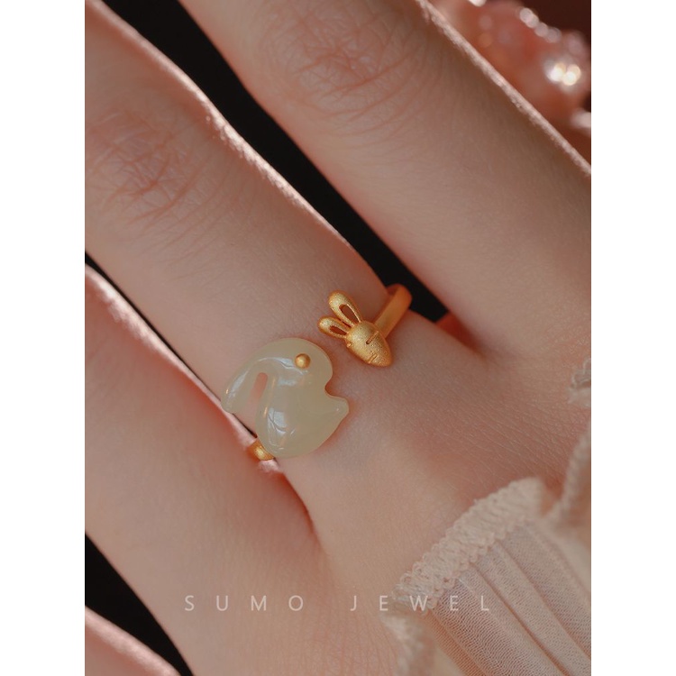 แหวนเงินแท้ เกรด s925 รูปกระต่ายปีเบญมิ่ง ประดับหยก สีขาว สามารถปรับได้ ระดับไฮเอนด์