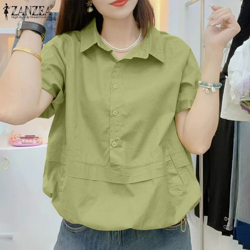 Zanzea เสื้อเชิ้ต แขนสั้น ลําลอง กระดุม สีพื้น สไตล์เกาหลี สําหรับผู้หญิง - รูปที่ 3