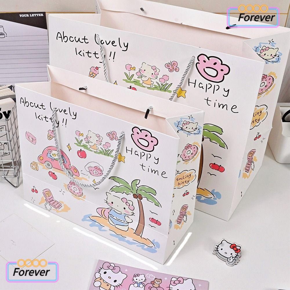 Forever ถุงของขวัญ 1 ชิ้น, กระเป๋าถือคิตตี้แมว S/L ความจุขนาดใหญ่, ถุงบรรจุภัณฑ์กระดาษแข็งน่ารัก ปีคริสต์มาส