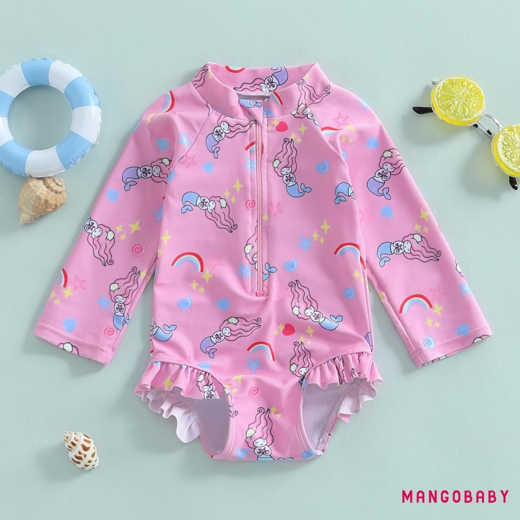 Mg-toddler Girl Rash Guard ชุดว่ายน้ํา Rainbow Star พิมพ์แขนยาว Mock คอซิปชุดว่ายน้ํา