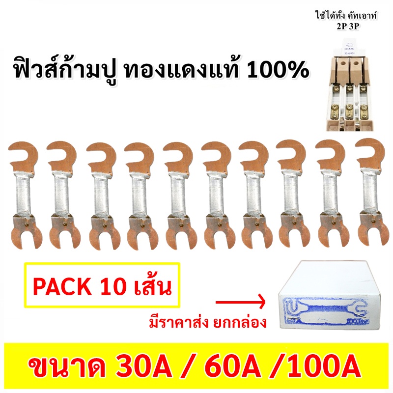 Chang (แพ็ค 10 เส้น) ฟิวส์ก้ามปู ใช้ได้ทั้ง คัทเอาท์ 2P 3P ฟิวส์ ระบบไฟฟ้า ทองแดงแท้ 100% (เลือกขนาด 30A/60A/100A