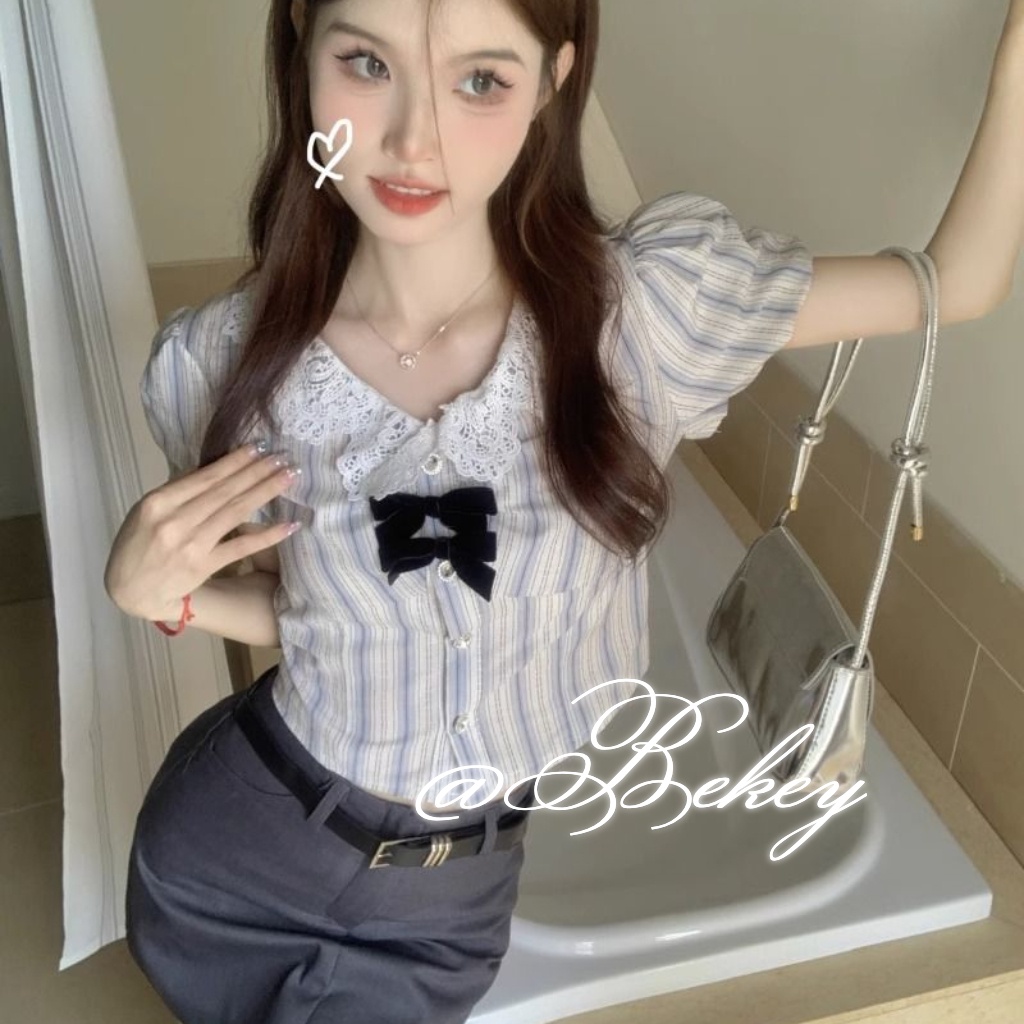 (ส่งจากไทย ) ฤดูร้อนใหม่ แขนสั้น เสื้อ คอตุ๊กตา ลายทาง ตกแต่งด้วยโบว์