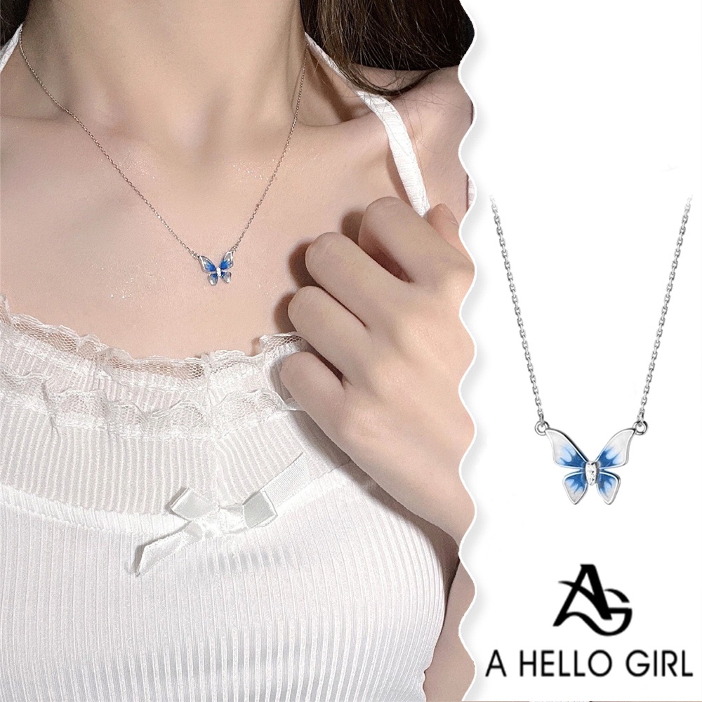 A HELLO GIRL สร้อยคอ สายโซ่ จี้ผีเสื้อ แต่งไล่โทนสี สีฟ้าอ่อน หรูหรา สําหรับผู้หญิง