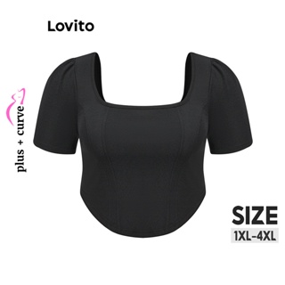 Lovito เสื้อครอปลําลอง คอสี่เหลี่ยม พลัสไซซ์ สําหรับผู้หญิง LBE03069 (สีดํา)