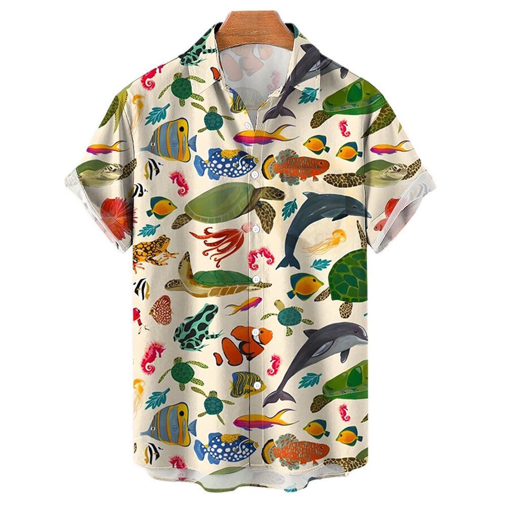 เสื้อเชิ้ตแขนสั้นลําลอง คอปก ลายสัตว์ทะเล ระบายอากาศ สไตล์ฮาวาย แนวสตรีท เรโทร เหมาะกับฤดูร้อน สําหรับผู้ชาย 2023