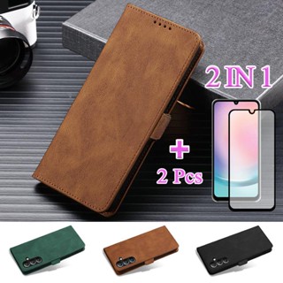 2 IN 1 เคสโทรศัพท์หนัง เซรามิค กันรอยหน้าจอ พร้อมขาตั้ง เปลี่ยนรูปได้ สําหรับ Samsung Galaxy A24 4G