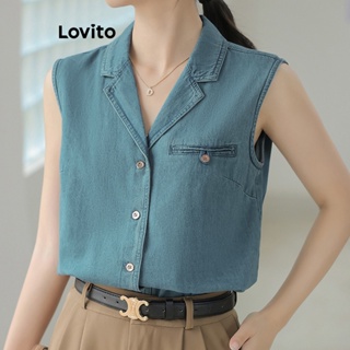 Lovito เสื้อยีนลําลอง แต่งกระดุมด้านหน้า แบบเรียบ สําหรับผู้หญิง LNE22039 (สีฟ้า)