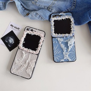 เคสป้องกันโทรศัพท์มือถือ ผ้ายีน กันกระแทก ลายใบบัว มีแหวนคล้อง สําหรับ Samsung z flip5 z Flip4 3 5G z flip5