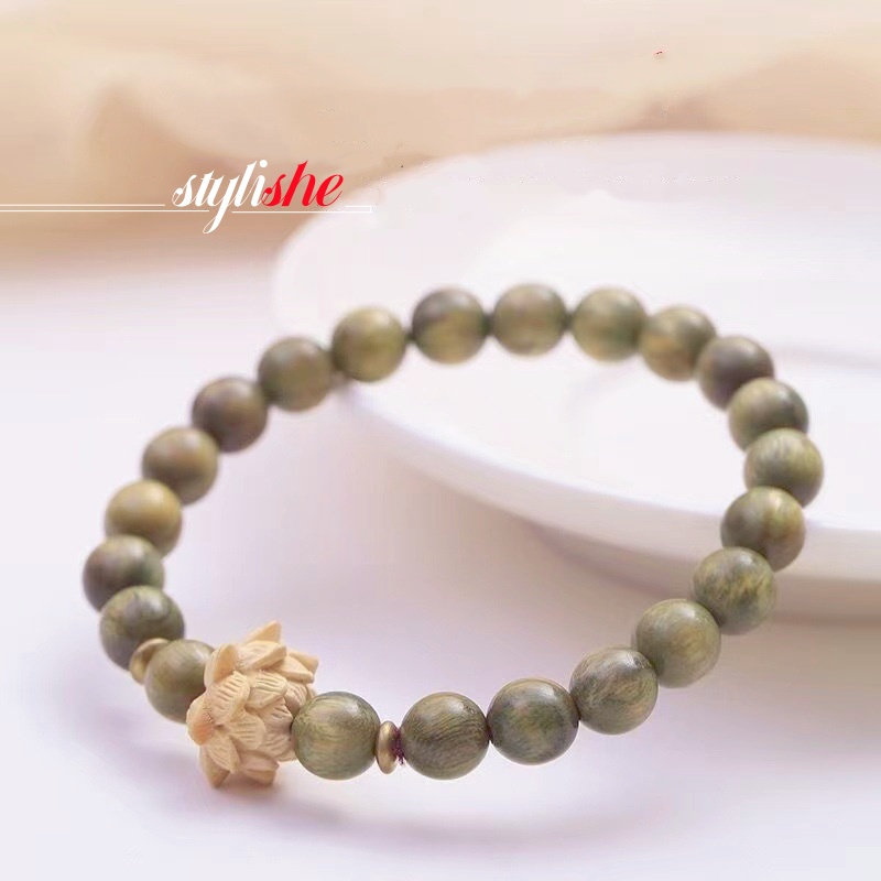 สร้อยข้อมือ ประดับลูกปัดไม้จันทน์ สีเขียว สไตล์จีน เครื่องประดับ สําหรับผู้หญิง