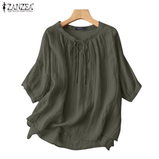 Zanzea เสื้อเชิ้ต คอกลม แขน 3/4 สีพื้น สไตล์เกาหลี สําหรับผู้หญิง