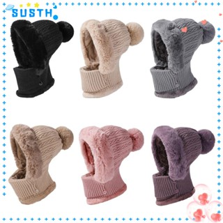 Susth หมวกถัก ป้องกันหู ผ้ากํามะหยี่ขนนิ่ม สีพื้น