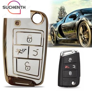 Suchenth เคสกุญแจรีโมตรถยนต์ TPU นิ่ม แบบฝาพับ 4 ปุ่ม อุปกรณ์เสริม สําหรับ VW Volkswagen Golf VII Mk7 GTI Jetta