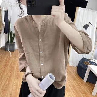 Summer V-neck linen loose half sleeve shirt Womens retro navy blue top cotton and linen slimming half sleeve breathable shirt