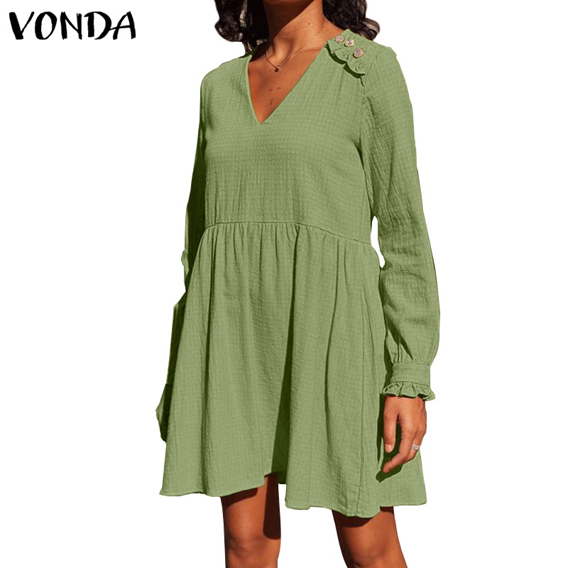 Vonda ชุดเดรส ต่างหู คอวี แขนยาว สายคล้องไหล่ ไม้ ทรงหลวม สไตล์วินเทจ สําหรับผู้หญิง