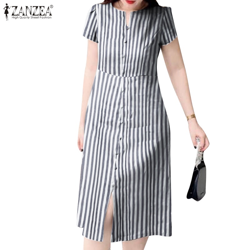 Zanzea ชุดเดรส คอกลม แขนสั้น ลายทาง สไตล์เกาหลี สําหรับผู้หญิง