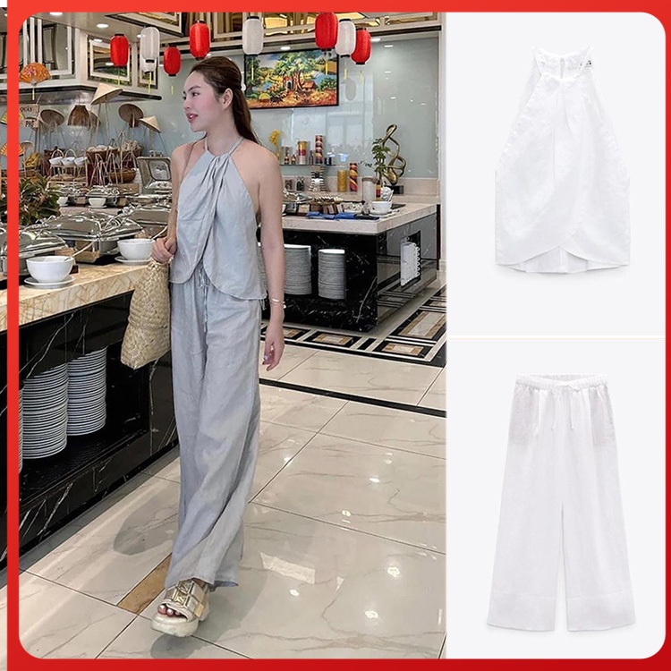 Zara 23 ฤดูร้อนสไตล์ใหม่เสื้อคล้องคอ + กางเกงขากว้างเอวยางยืด4877048 4877252 4786086