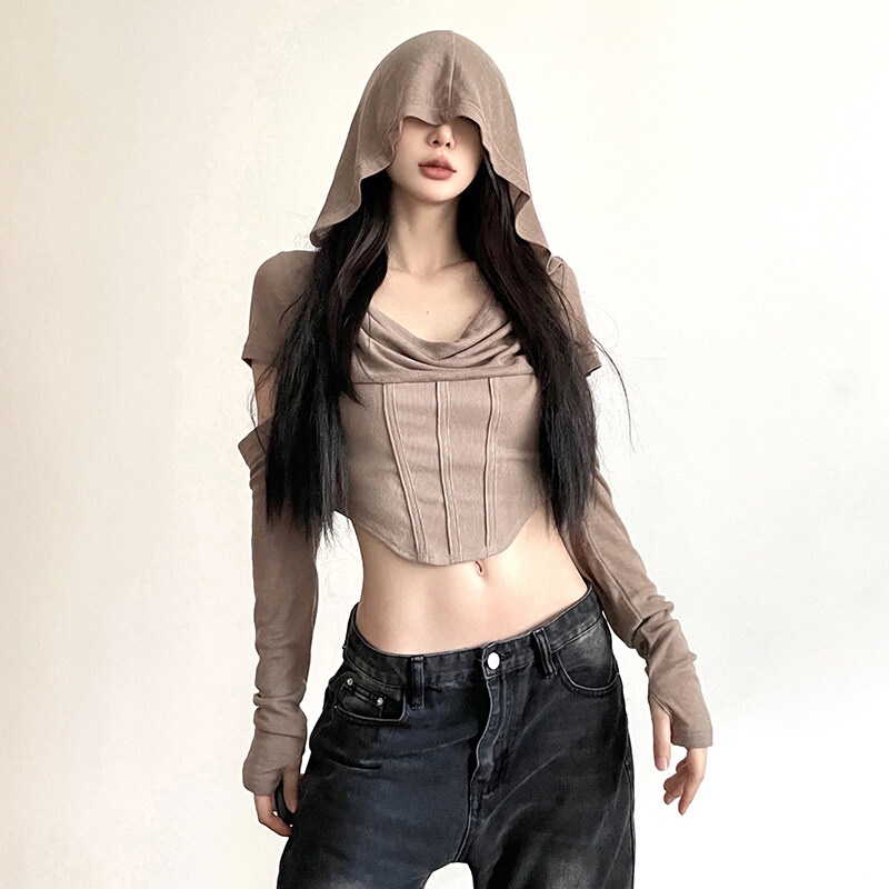 เสื้อครอปท็อปแขนยาว มีฮู้ด เข้ากับทุกการแต่งกาย แฟชั่นฤดูใบไม้ร่วง สําหรับผู้หญิง