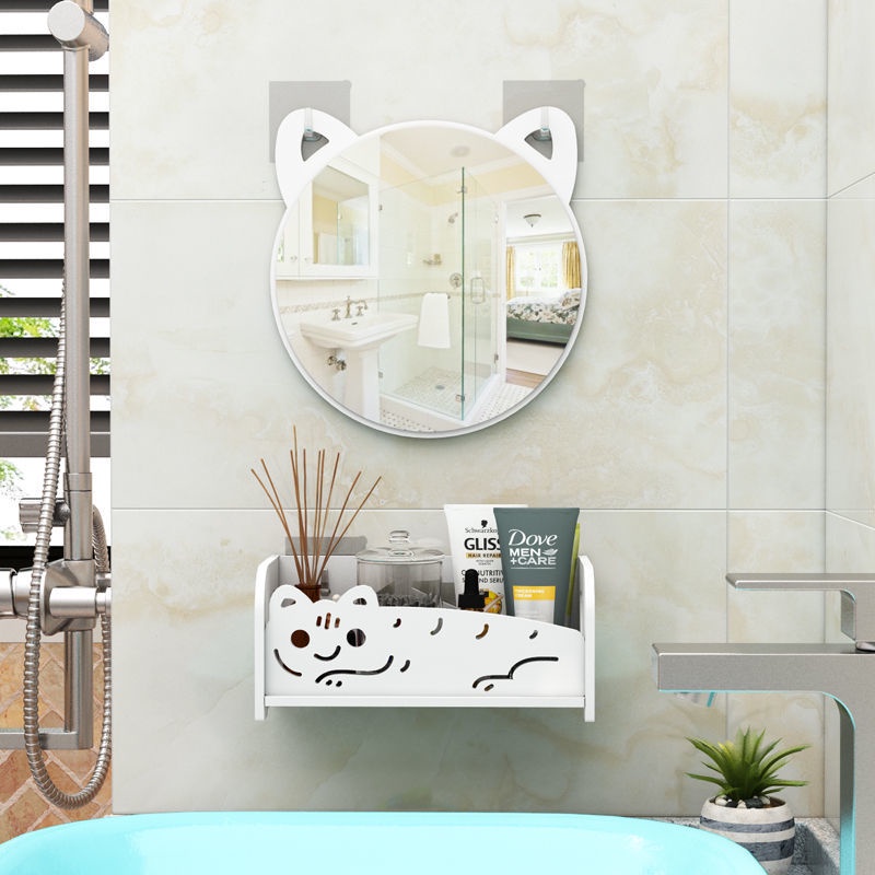 Bathroom Wall-Mounted Home with Hooks Mirror Cabinet Punch-Free Storage Rack Bathroom Toilet Sink Wall-Mounted Mirror F7ES