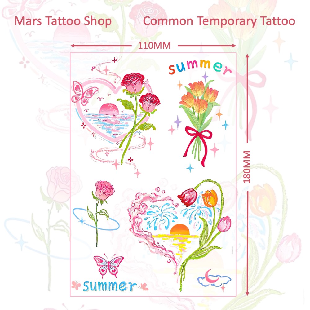 【Mars Tattoo】รอยสักชั่วคราว รอยสักชั่วคราว ลายดอกกุหลาบ ดอกทานตะวัน พระอาทิตย์ตก ดอกกุหลาบ ดอกกุหลาบ CD020