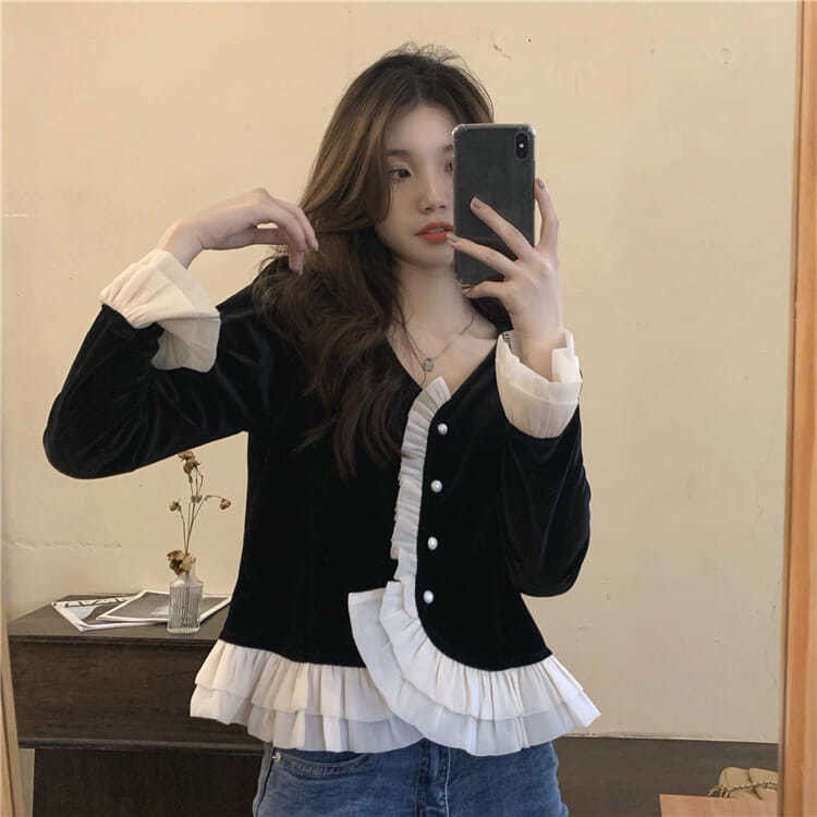 เสื้อเชิ้ตแขนยาว ผ้ากํามะหยี่ สีคอนทราสต์ แฟชั่นฤดูใบไม้ผลิ และฤดูใบไม้ร่วง สไตล์ฝรั่งเศส สําหรับผู้หญิง