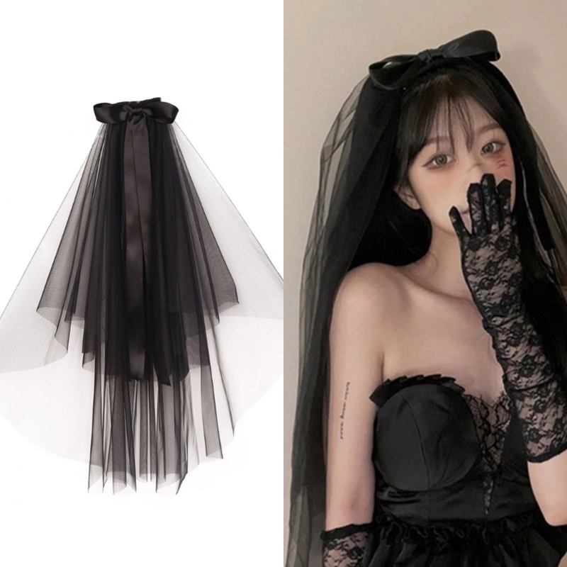 HO เจ้าสาว Layered Veil Headpieces ริบบิ้น Bowknot งานแต่งงานเจ้าสาวยาว Tulle ฮาโลวีนเจ้าสาวงานแต่งง