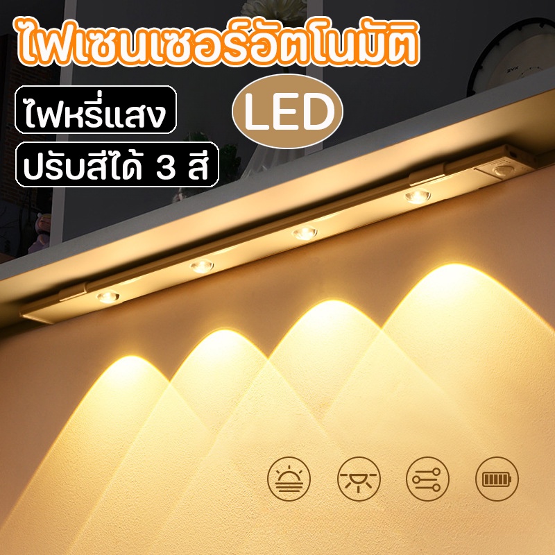 LED ไฟเซนเซอร์อัตโนมัติ ไฟหรี่แสง หรี่แสงได้ ปรับสีได้ 3 สี ชาร์จได้ ไร้สาย สําหรับห้องครัว ตู้เสื้อผ้า ชาร์จ USB