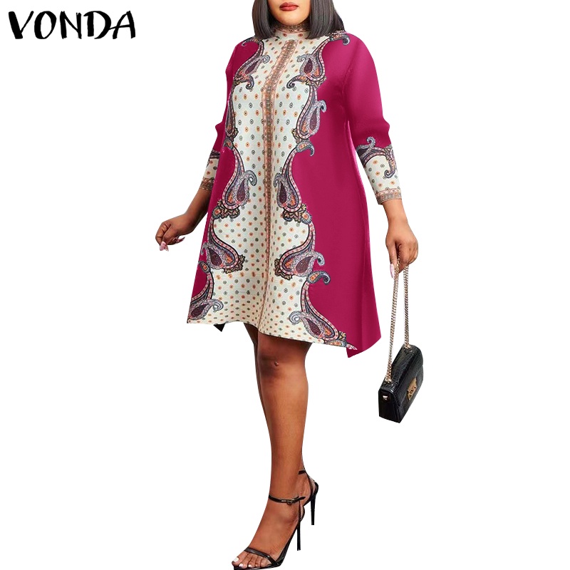 Vonda ชุดเดรส แขนเจ็ดส่วน คอกึ่งสูง พิมพ์ลาย สไตล์วินเทจ สําหรับผู้หญิง