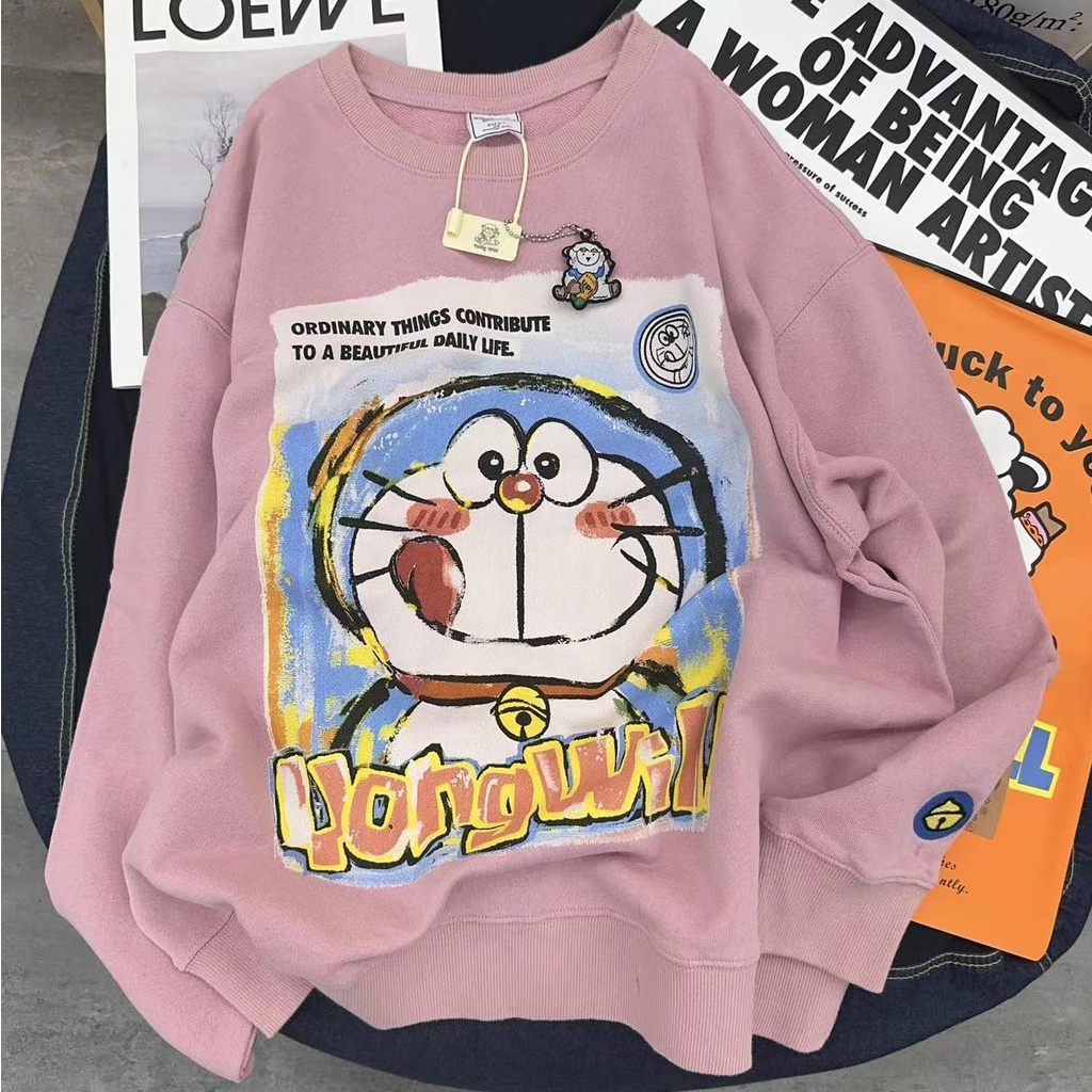 เสื้อกันหนาว แขนยาว ทรงหลวม ลายการ์ตูนโดราเอมอนน่ารัก สไตล์ฮาราจูกุ แฟชั่นสําหรับผู้หญิง