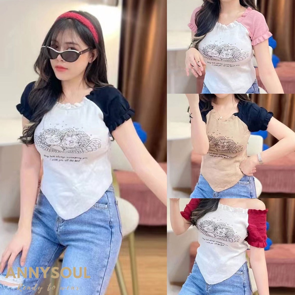 เสื้อครอปเเฟชั่นสไตล์เกาหลีน่ารักสำหรับผู้หญิง เสื้อครอปท็อปลำลอง