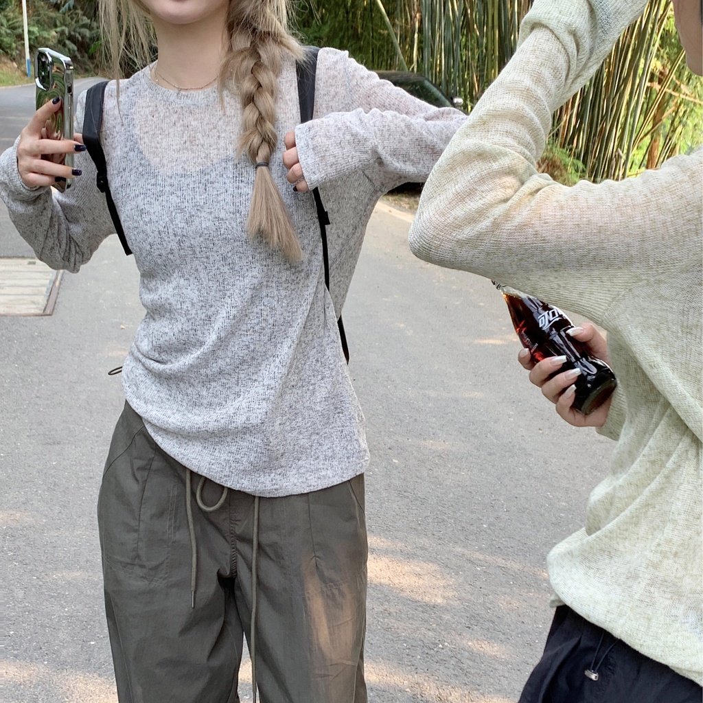 mimi&didi เสื้อแฟชั่นผู้หญิง เสื้อแขนยาวกันแดด คอกลม ทรงเข้ารูป สไตล์เกาหลี สุดชิค ผ้าเนื้อนุ่ม เป็นที่นิยมมาก#5529