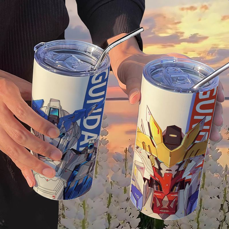 แก้วเก็บความเย็น GUNDAM Mobile Suit พร้อมหลอด แก้วกาแฟแบบสบาย แก้วดื่มสแตนเลสแบบพกพา แก้วเก็บความเย็