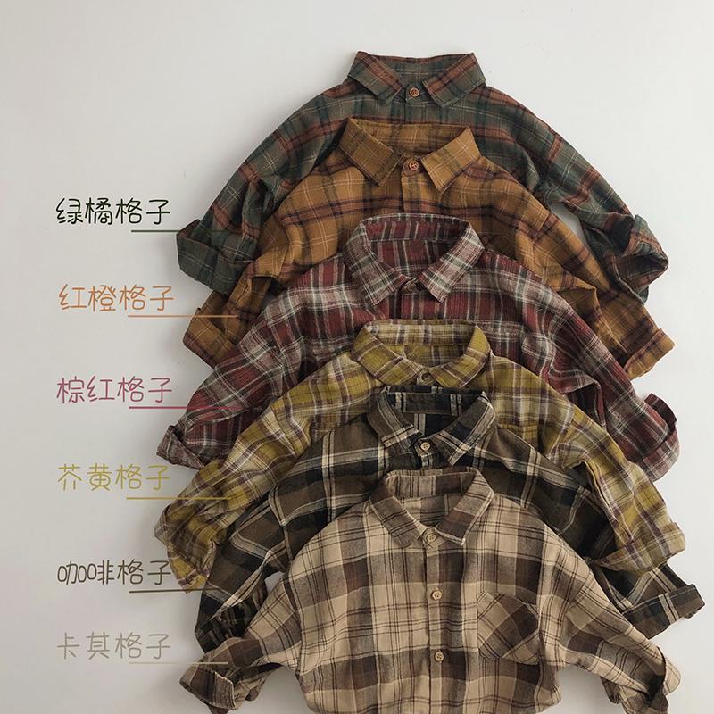 เสื้อเชิ้ตแขนยาวลําลอง ลายสก๊อต แฟชั่นฤดูใบไม้ผลิ และฤดูใบไม้ร่วง สไตล์เกาหลี สําหรับเด็กผู้ชาย และผู้หญิง