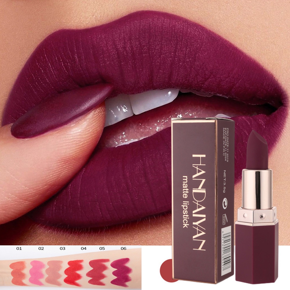 ลิปสติกเนื้อแมทสีนู้ด 6 สีกันน้ําติดทนนานลิปสติ๊กไม่ซีดจางเซ็กซี่นู้ดสีแดงสีชมพูกํามะหยี่ลิปสติกแต่งหน้าเครื่องสําอาง