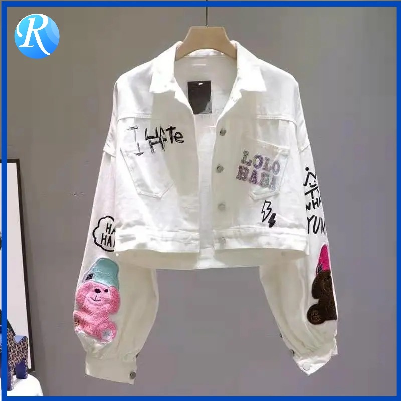 เสื้อแจ็กเก็ตยีน ทรงหลวม พิมพ์ลายการ์ตูนตัวอักษร สีพื้น แฟชั่นฤดูใบไม้ผลิ และฤดูใบไม้ร่วง สําหรับผู้หญิง
