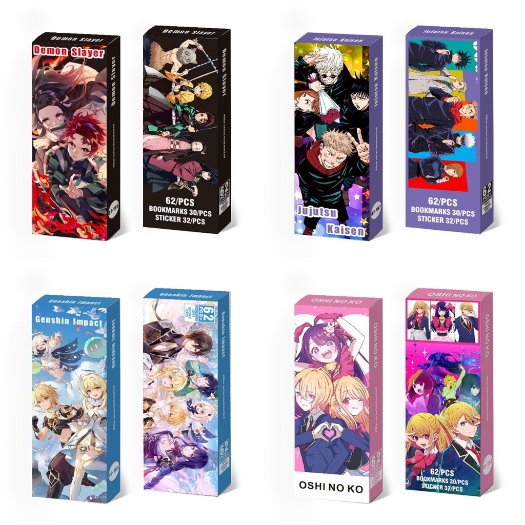 Genshin, ONE PIECE,BLUE LOCK, OSHI NO KO, My Hero Academia, Haikyuu!! NARUTO, Jujutsu Kaisen,Tokyo Revengers, Chainsaw Man, Demon Slayer Bookmark Stickers 62 ชิ้น ต่อกล่อง
