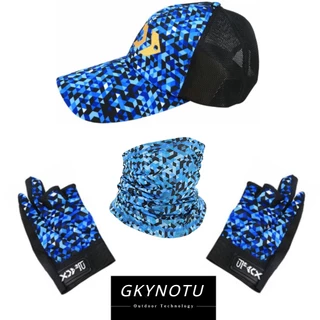 Gkynotu ถุงมือขี่จักรยาน ตกปลา กันลื่น อนุภาค + หมวกตกปลา ตาข่ายระบายอากาศ + ผ้าคลุมศีรษะ พัฟ หน้ากากกันแดด