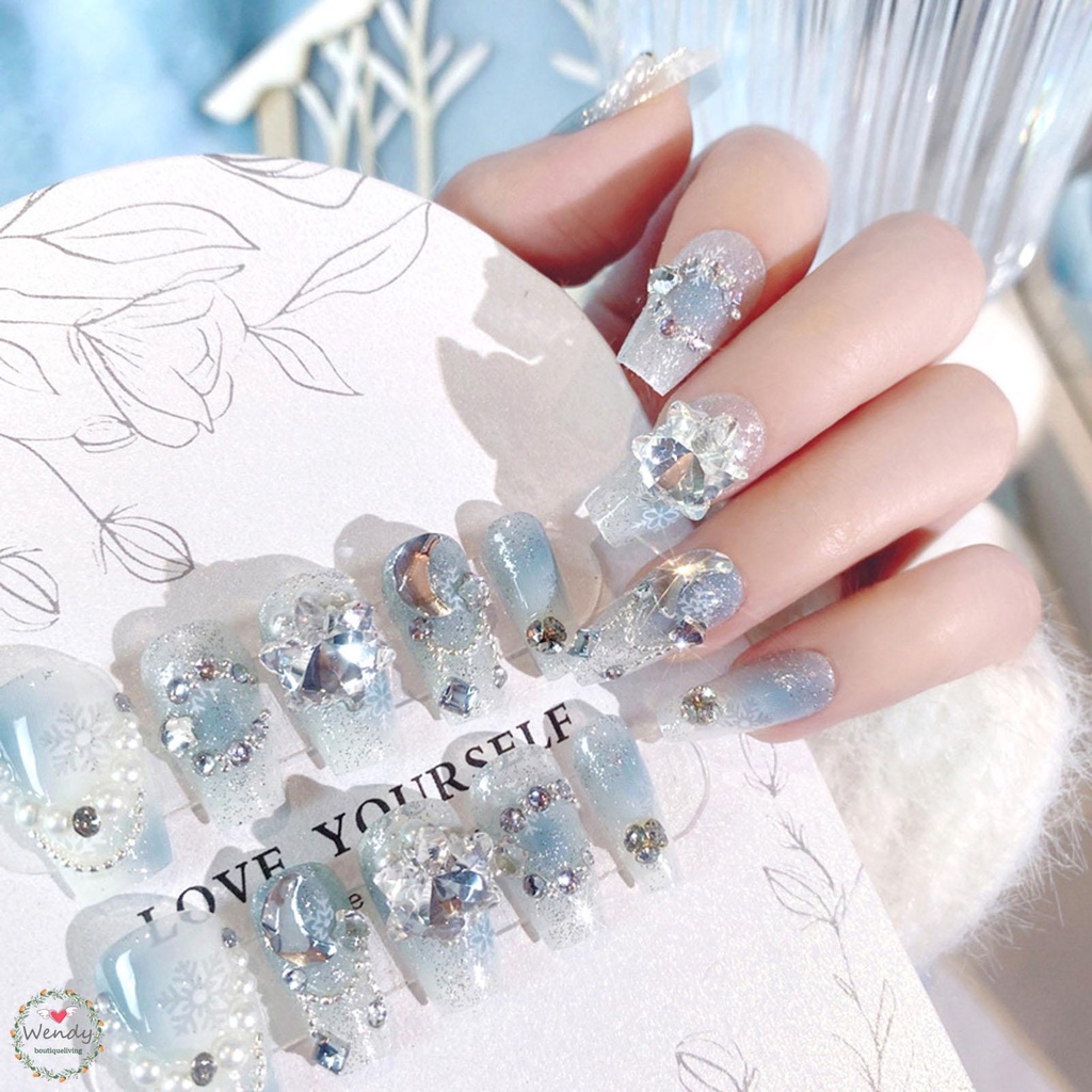 BLNAIL 24 ชิ้น ล็บปลอม เล็บปลอม แบบกด ประดับเพชร สีฟ้าอ่อน ป้องกันรอยเปื้อน