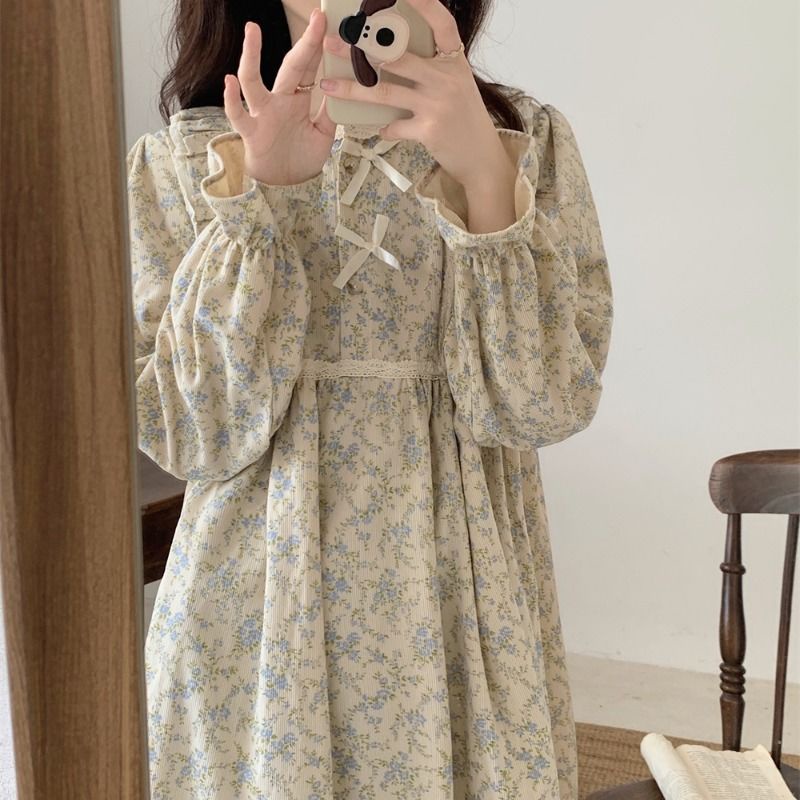 Hot sale ชุดนอนผู้หญิง กระโปรง ชุดนอนเดรสแขนยาวสไตล์เกาหลีคุณหนู เนื้อผ้านิ่ม ใส่สบาย