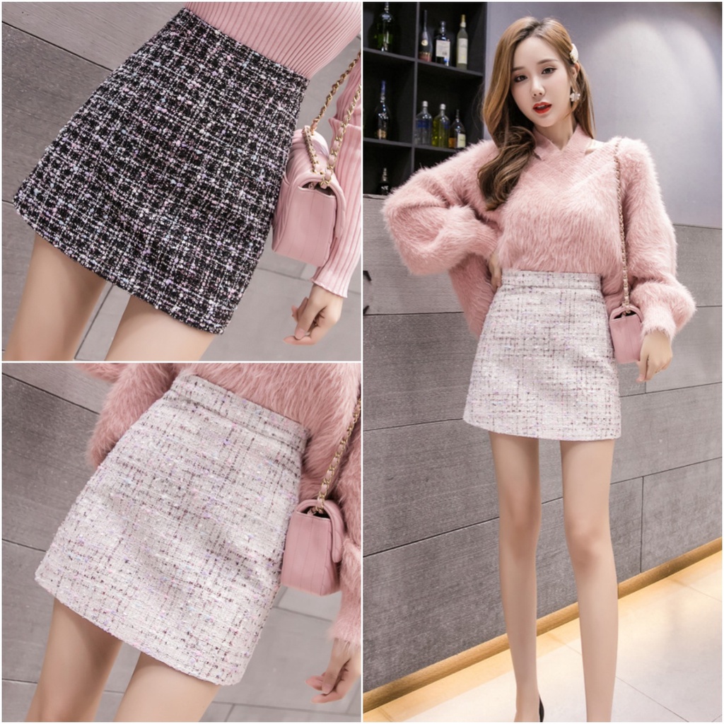 ccute พร้อมส่ง กระโปรง ทรงเอ สั้นมินิ สาวอวบ ผ้าทวิต 2สี ดำ ขาว แฟชั่น ผู้หญิง