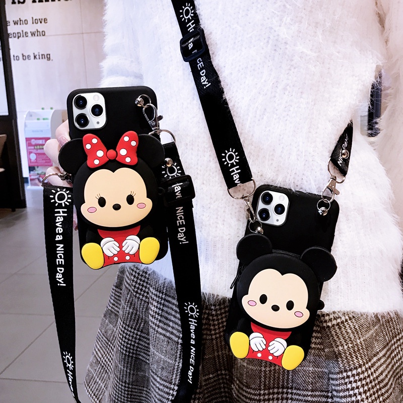 เคส Samsung Galaxy A25 A32 A42 A52 A72 A73 A13 A14 A15 A12 A22 A23 A24 4G 5G A05 A04 A03 Core โทรศัพท์มือถือนิ่ม ลายการ์ตูนมิกกี้ มินนี่เมาส์ พร้อมสายสะพายไหล่ และช่องใส่เหรียญ สําหรับ