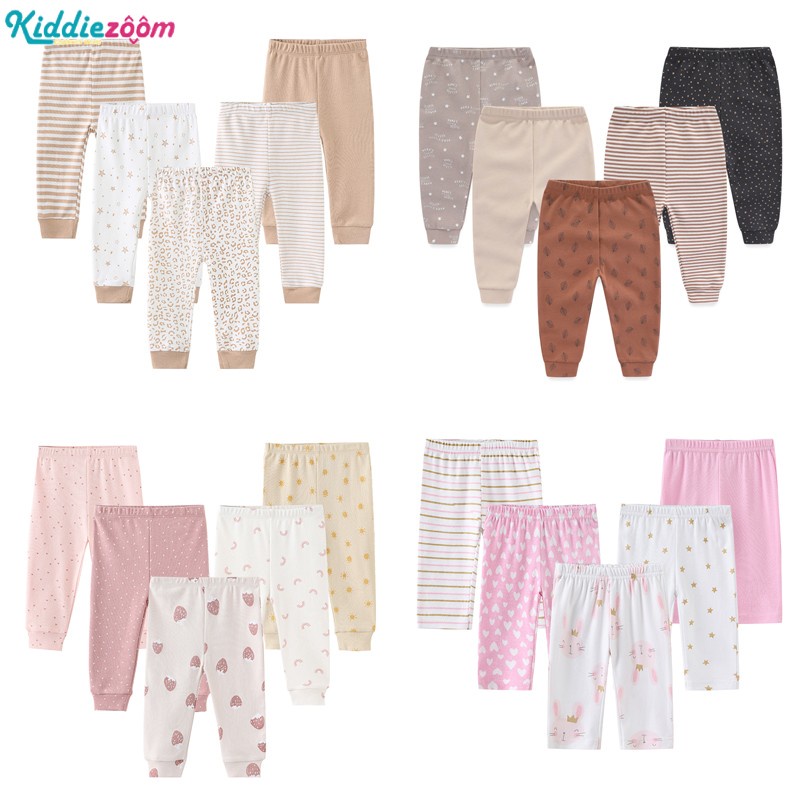 Kiddiezoom กางเกงลําลอง ผ้าฝ้าย 100% พิมพ์ลาย สี่ฤดู สําหรับเด็กผู้ชาย ผู้หญิง 0-12 เดือน 5 ชิ้น