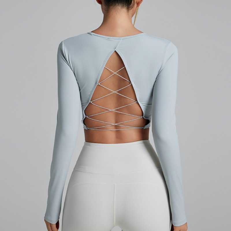 【LASYYOGA】(เสริมฟองน้ํา) เสื้อครอปท็อป สายรัดไขว้ สีนู้ด เป็นมิตรกับผิว สําหรับเล่นโยคะ