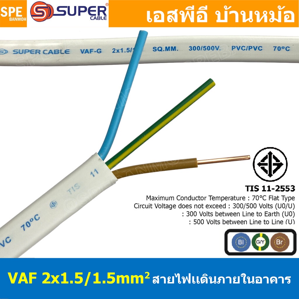 [ 2 เมตร ] สายไฟบ้านแข็ง VAF-G 3Cx1.5 sq.mm. ฉนวนสองชั้น ชนิดแกนเดี่ยว เดินในบ้าน 3 แกน สีขาว แบน เมนเต้ารับไฟบ้าน ติ...