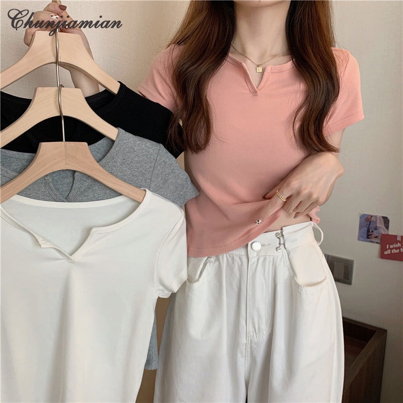 Chunjiamian เสื้อยืดท็อปส์ แขนสั้น เข้ารูป รัดสะดือ แฟชั่นฤดูร้อน สําหรับผู้หญิง