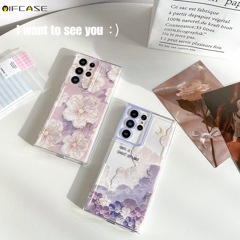 เคสโทรศัพท์มือถือ ซิลิโคนนุ่ม ใส ลายภาพวาดสีน้ํามัน รูปดอกซากุระ สีม่วง สําหรับ Vivo V29 V27 V25 V23 Pro V21 V21e V29e V27e V23e V21s